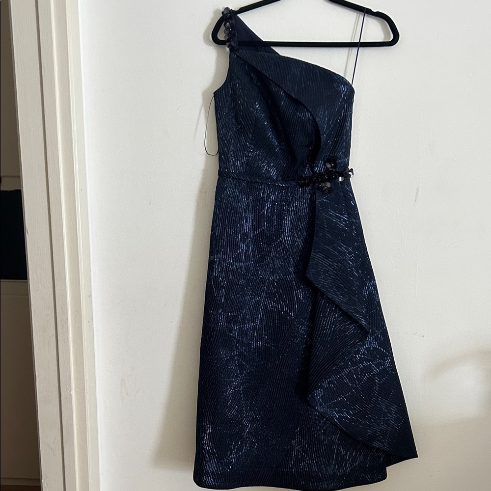 Teri Jon One-Shoulder Midnight Blue Cocktail Dress